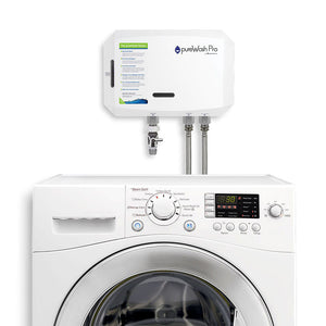Front view of the pureWash Pro X2 connected to a laundry machine. 
